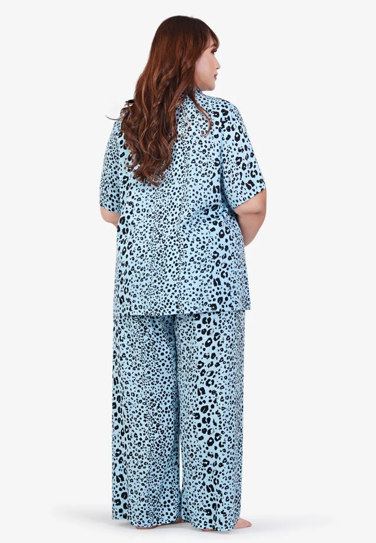 Londi Cotton Rayon Sleepwear Long Pajama Shirt Set - Blue Leopard