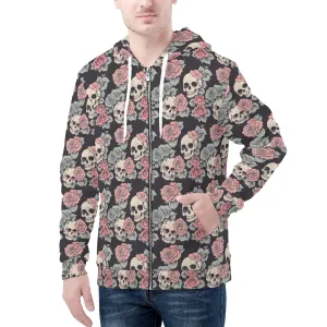 Mens Skull and Pink Rose Classic Zip Up Hoodie Warm Jacket