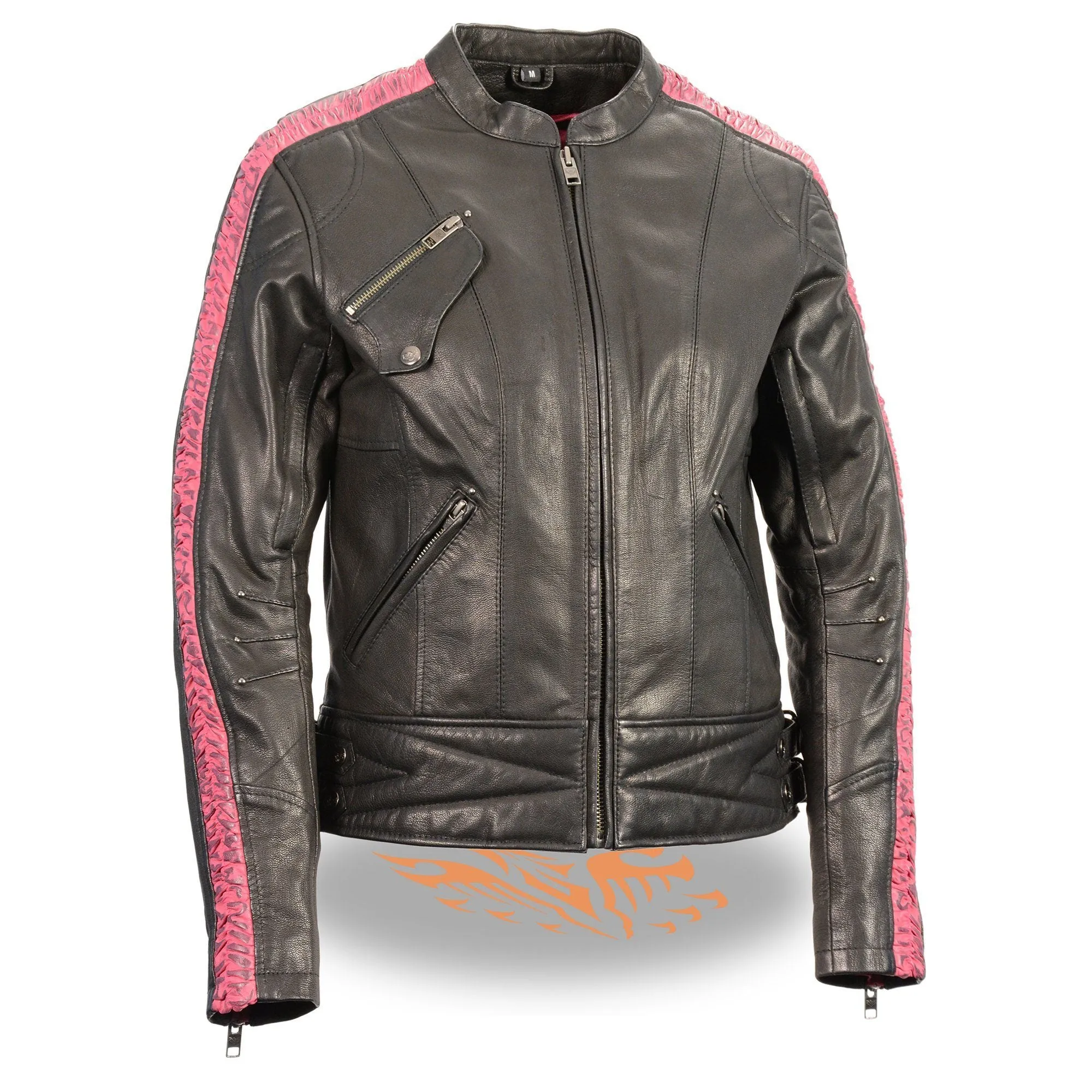 Milwaukee Leather-MLL2571-Ladies Lightweight Black and Pink Racer Jacket with Crinkled Arm Detailing