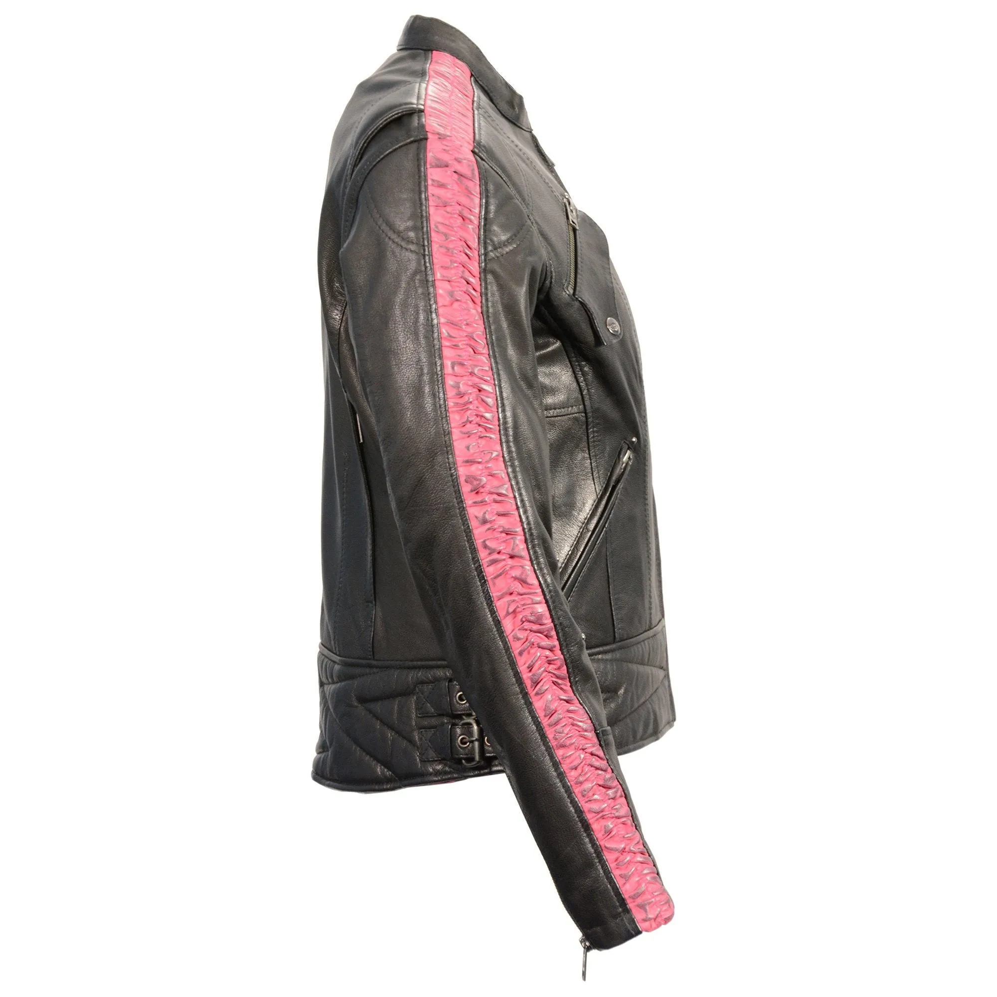 Milwaukee Leather-MLL2571-Ladies Lightweight Black and Pink Racer Jacket with Crinkled Arm Detailing