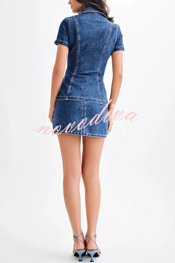 Modern Flavor Denim Short Sleeve Button Up Princess Seams Stretch Top