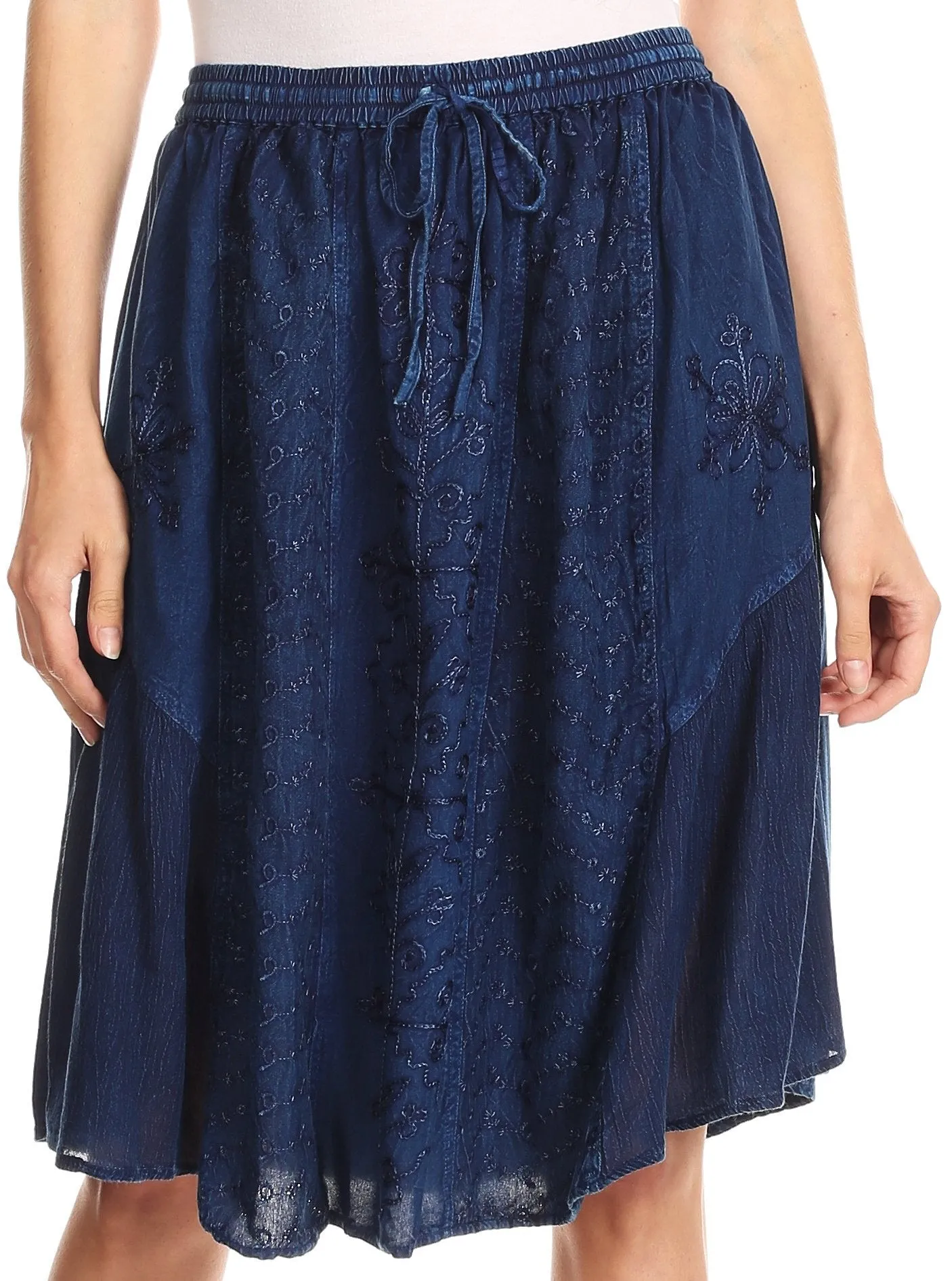 Sakkas Eris Stonewashed Mid Skirt with Adjustable waist Embroidery and Eyelet