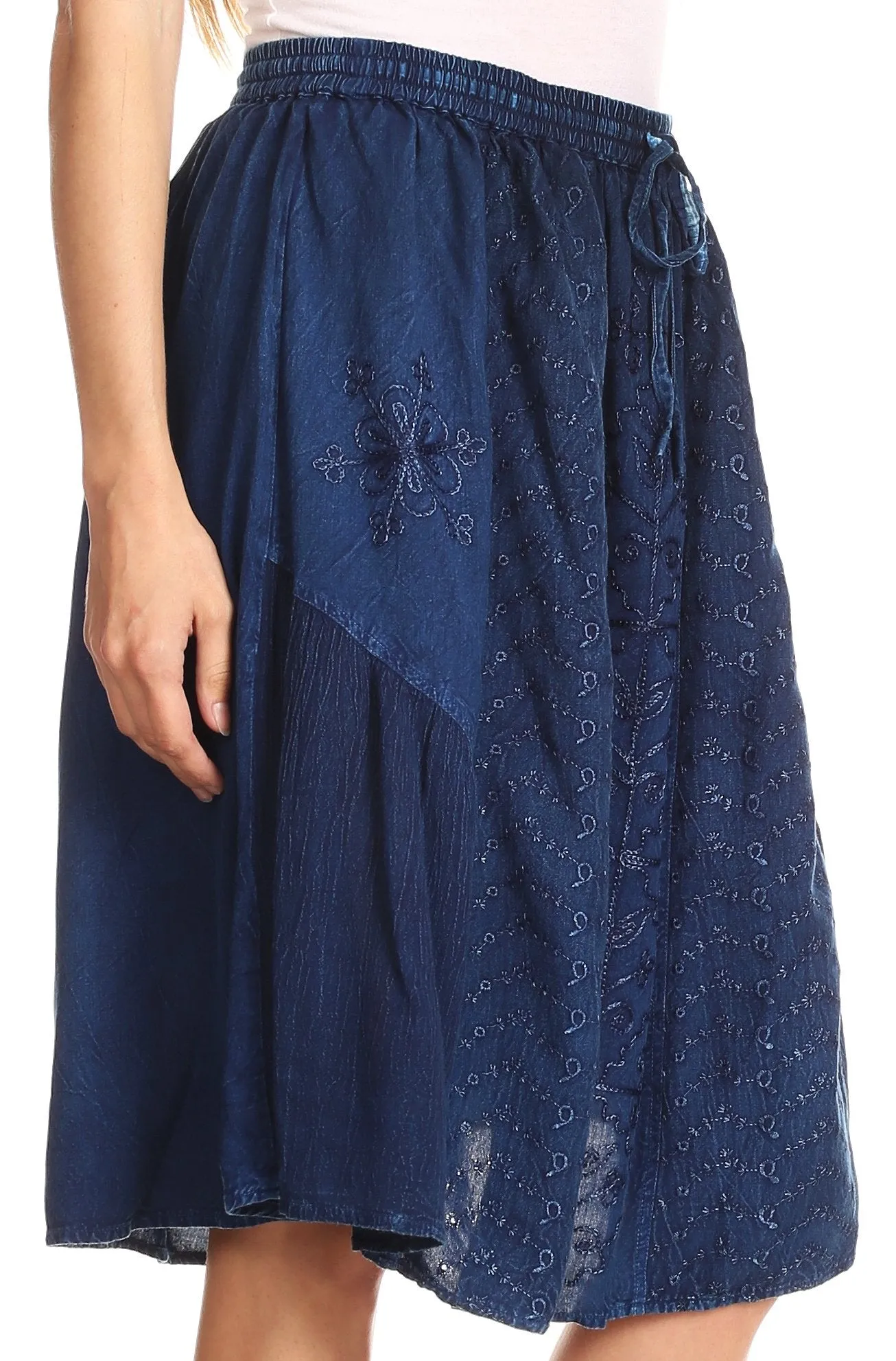 Sakkas Eris Stonewashed Mid Skirt with Adjustable waist Embroidery and Eyelet