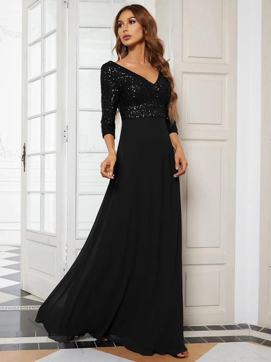 Sexy V Neck Sequin Evening Dresses with 3/4 Sleeve