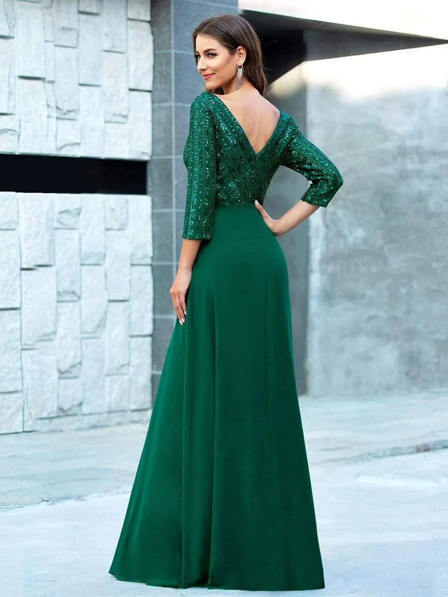 Sexy V Neck Sequin Evening Dresses with 3/4 Sleeve