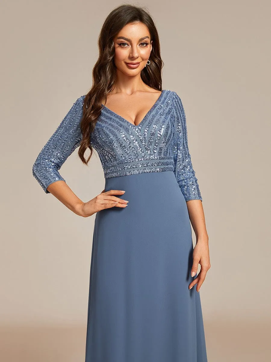 Sexy V Neck Sequin Evening Dresses with 3/4 Sleeve