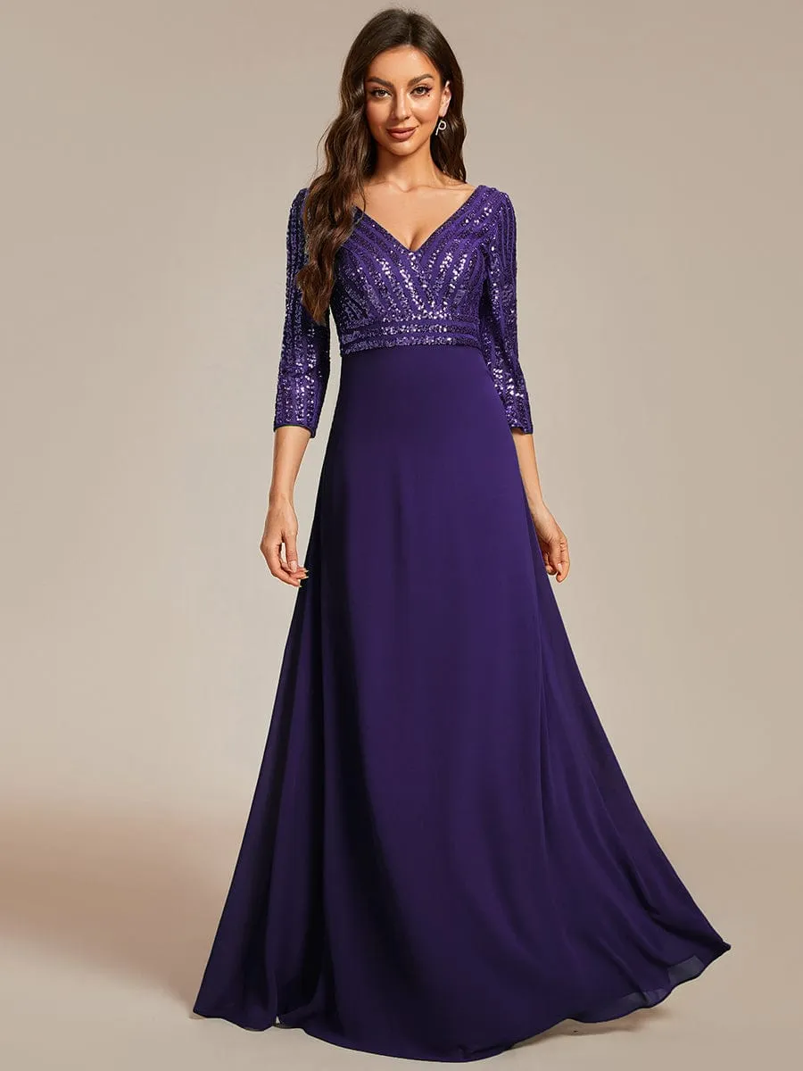 Sexy V Neck Sequin Evening Dresses with 3/4 Sleeve