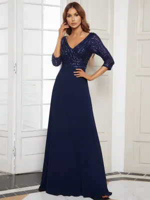 Sexy V Neck Sequin Evening Dresses with 3/4 Sleeve