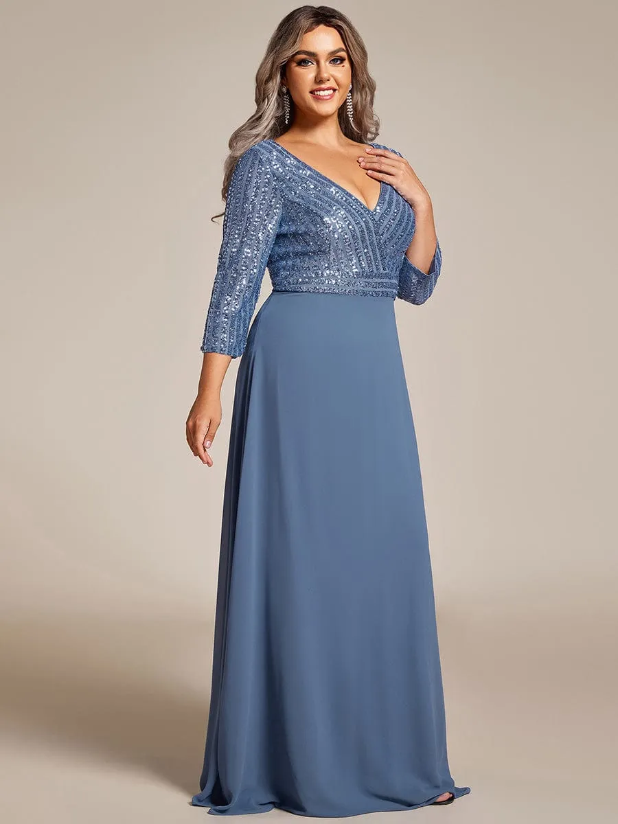 Sexy V Neck Sequin Evening Dresses with 3/4 Sleeve