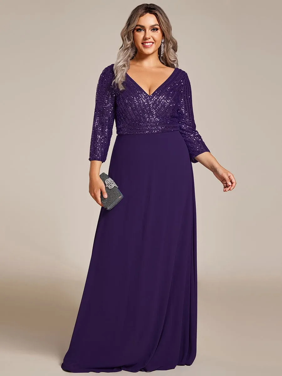 Sexy V Neck Sequin Evening Dresses with 3/4 Sleeve