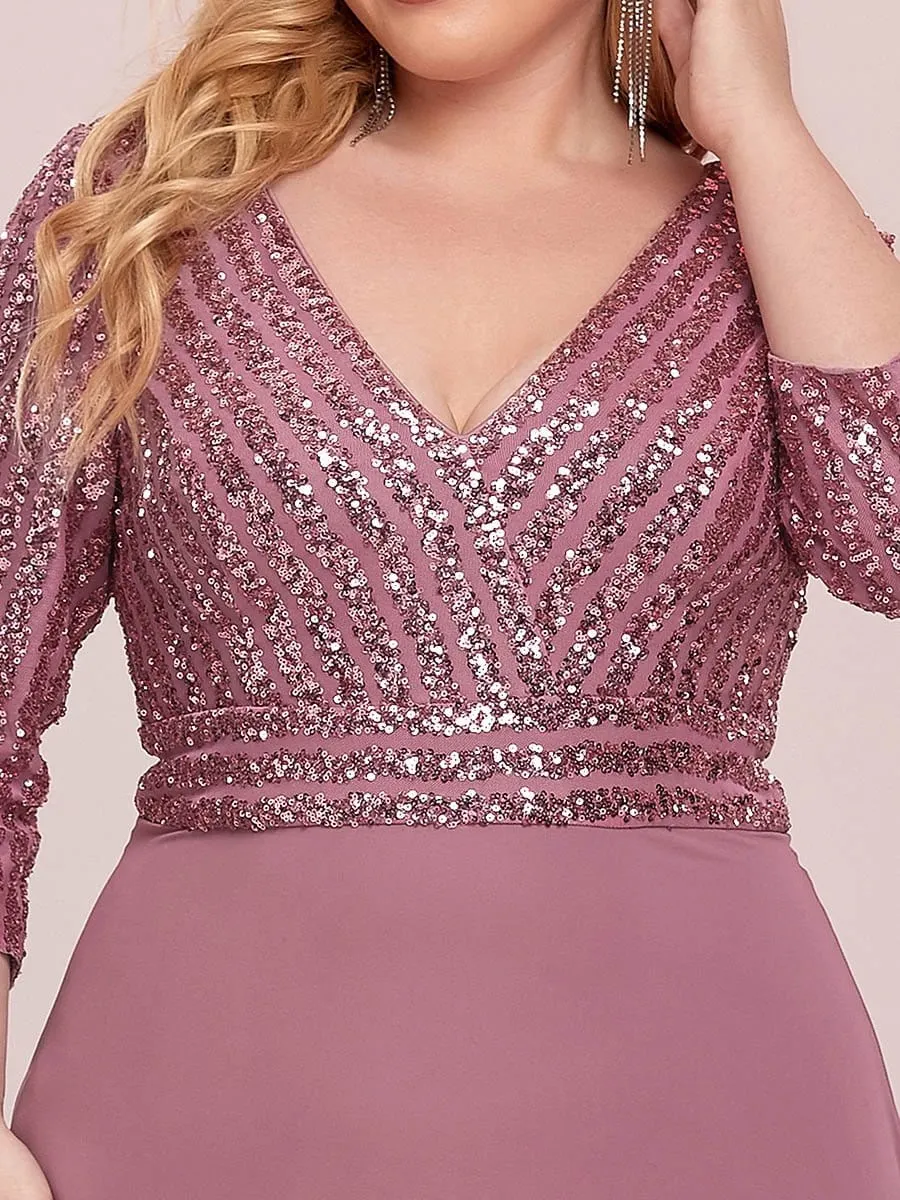 Sexy V Neck Sequin Evening Dresses with 3/4 Sleeve