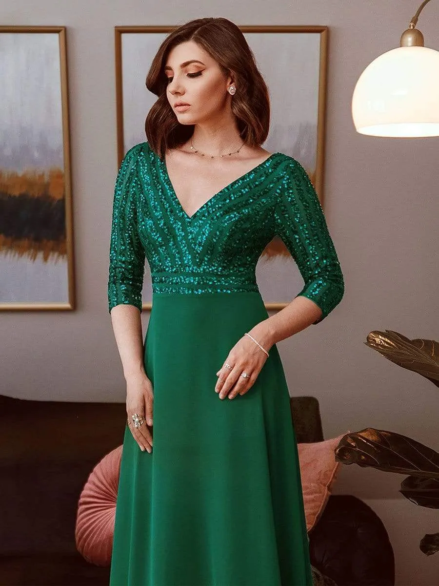 Sexy V Neck Sequin Evening Dresses with 3/4 Sleeve