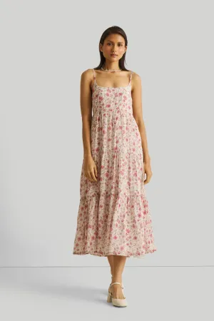 Strappy Tiered Maxi Dress in Pink Florals