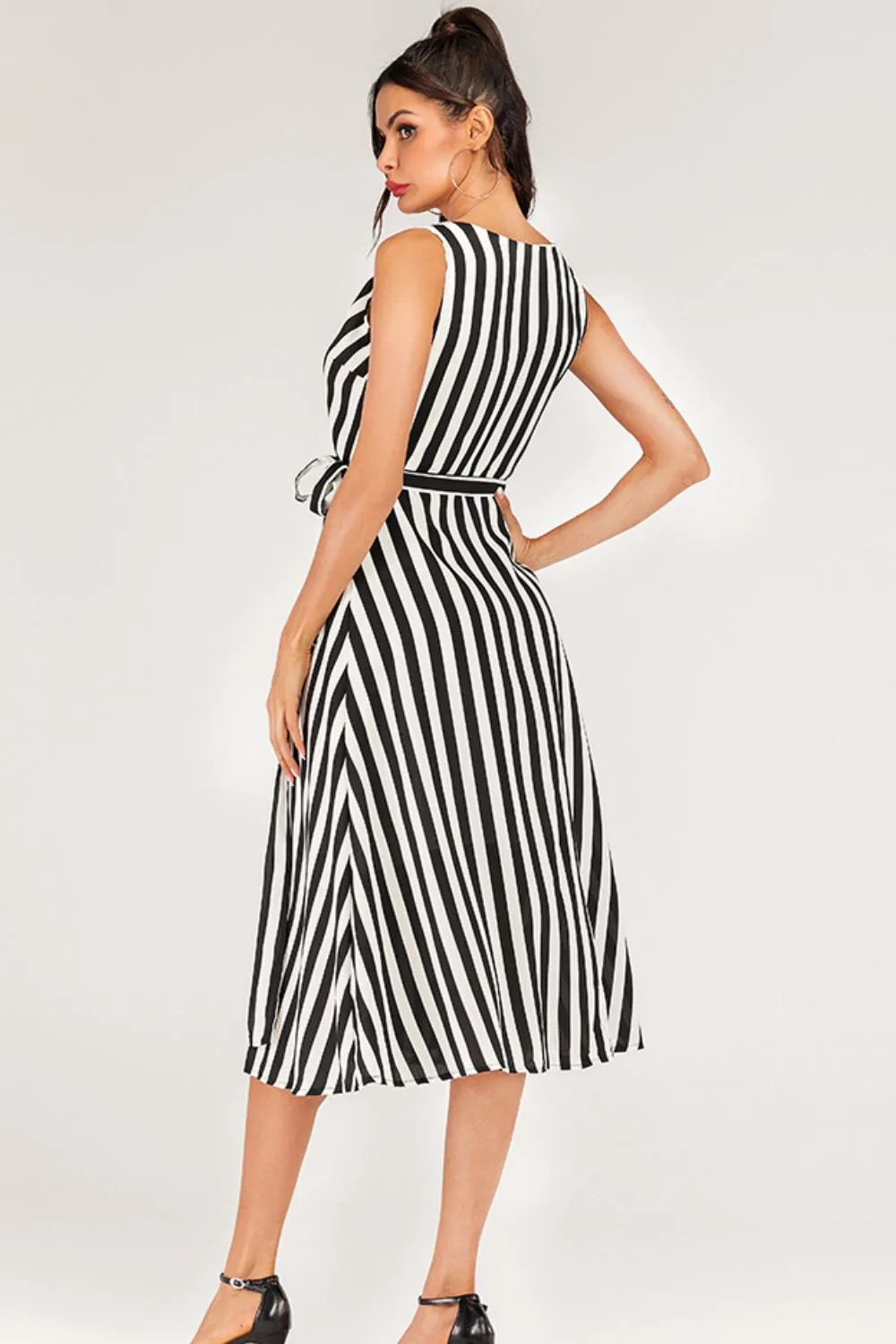 Striped Surplice Tied Sleeveless Dress