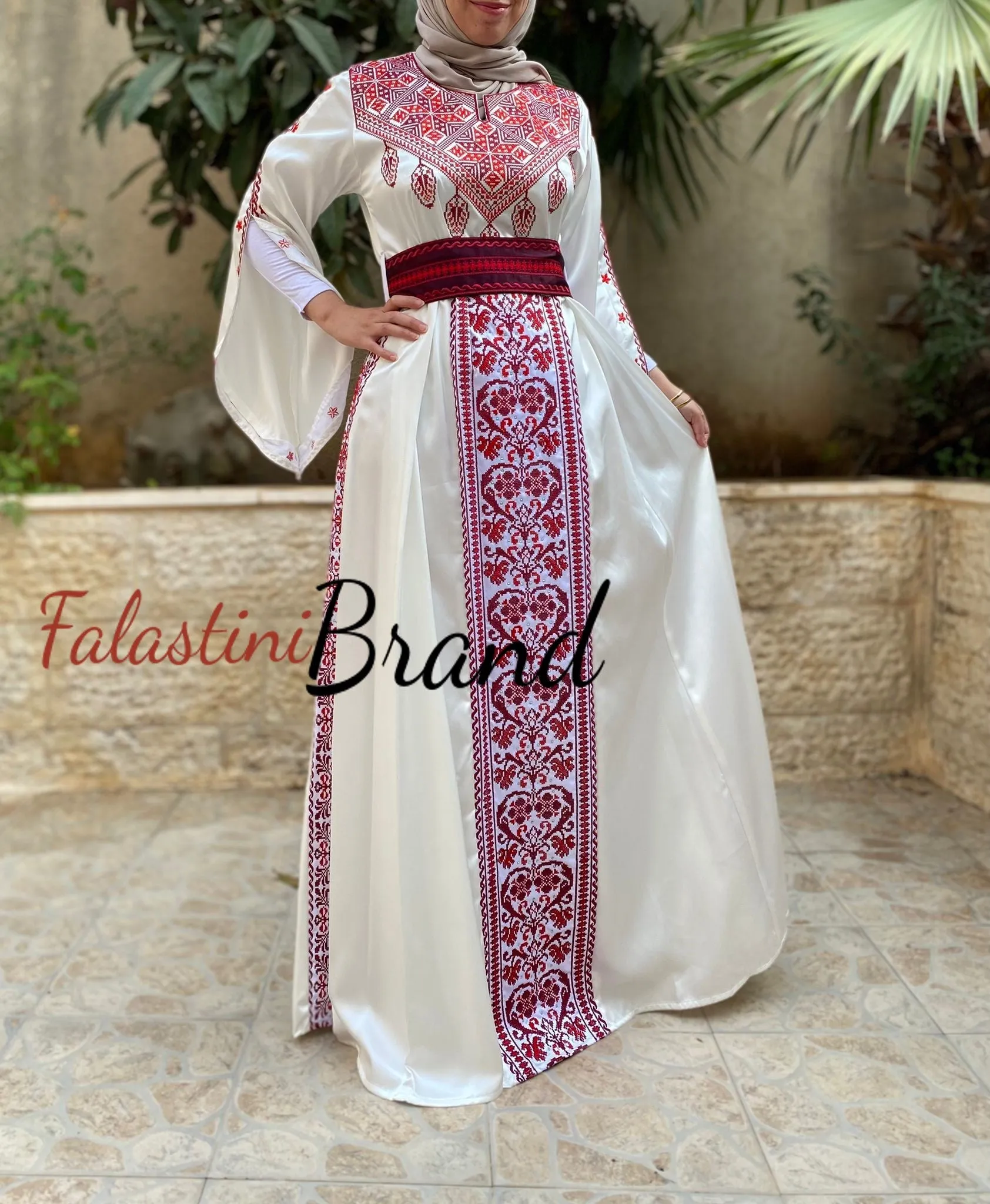 White Satin Flowy Thob Dress With Red Gorgeous Embroidery