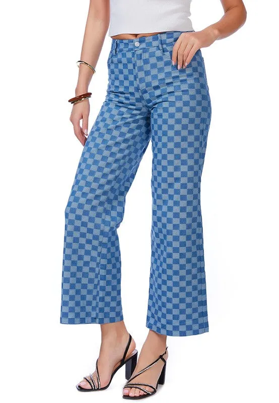 Women Watercolor Checks Patterned Denim Pants