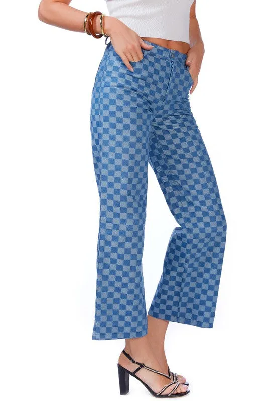 Women Watercolor Checks Patterned Denim Pants