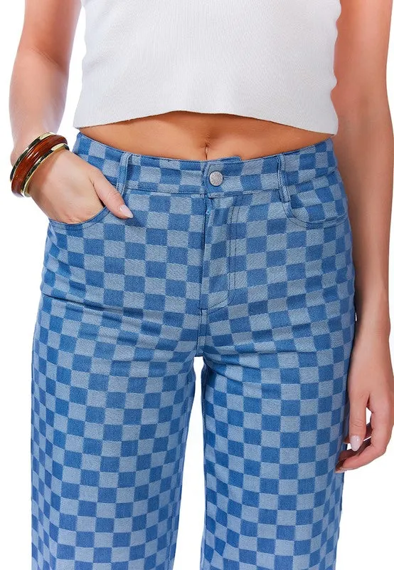 Women Watercolor Checks Patterned Denim Pants