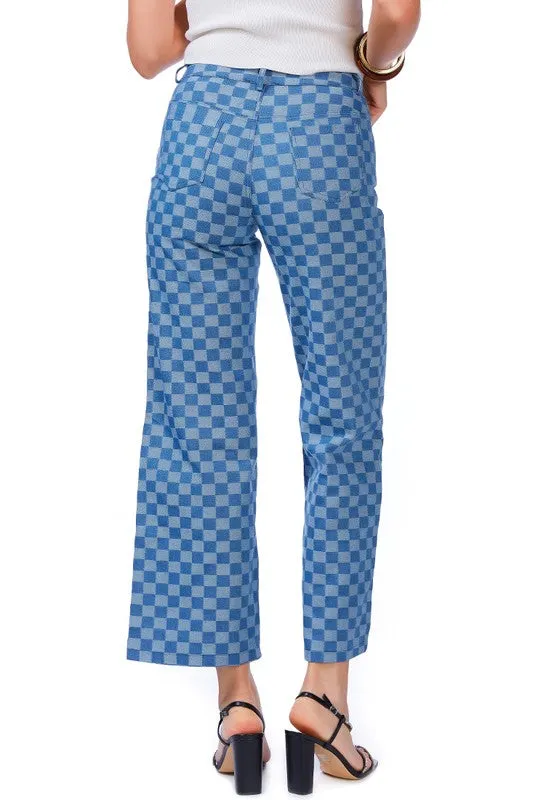 Women Watercolor Checks Patterned Denim Pants