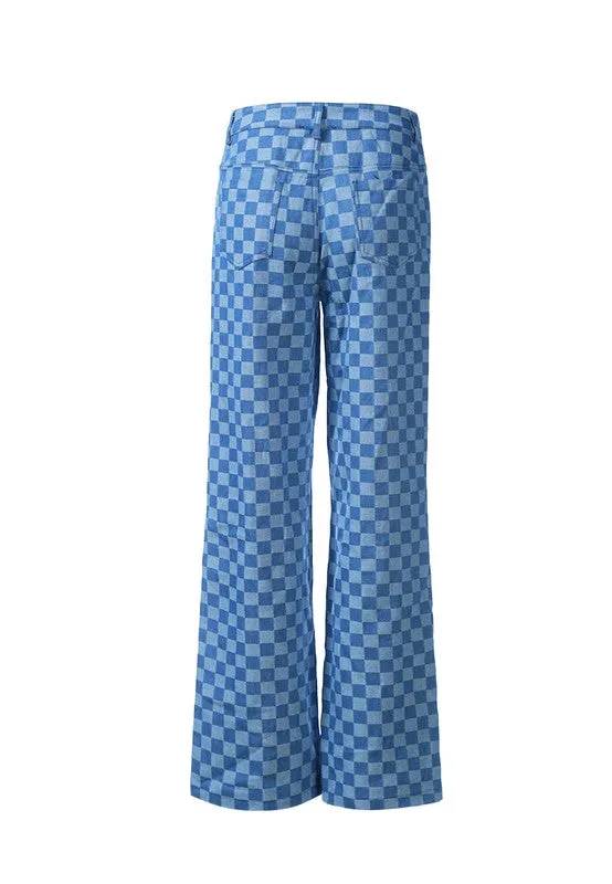 Women Watercolor Checks Patterned Denim Pants