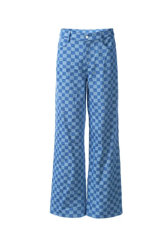 Women Watercolor Checks Patterned Denim Pants