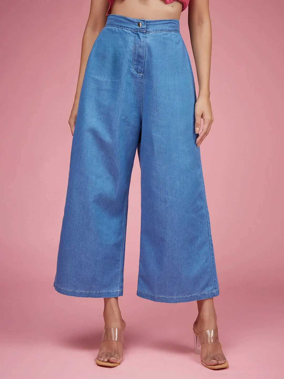 Women's Blue Flared Wide-Leg High Rise Non Stretchable Light Weight Denim Culottes Pants