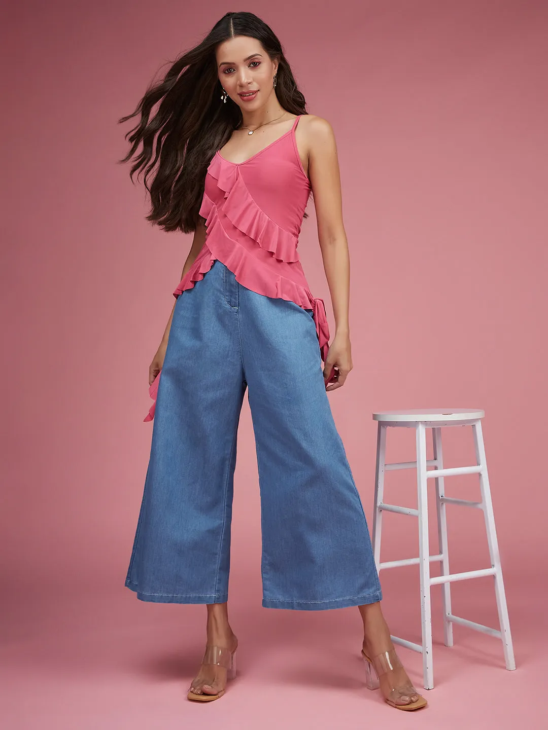 Women's Blue Flared Wide-Leg High Rise Non Stretchable Light Weight Denim Culottes Pants