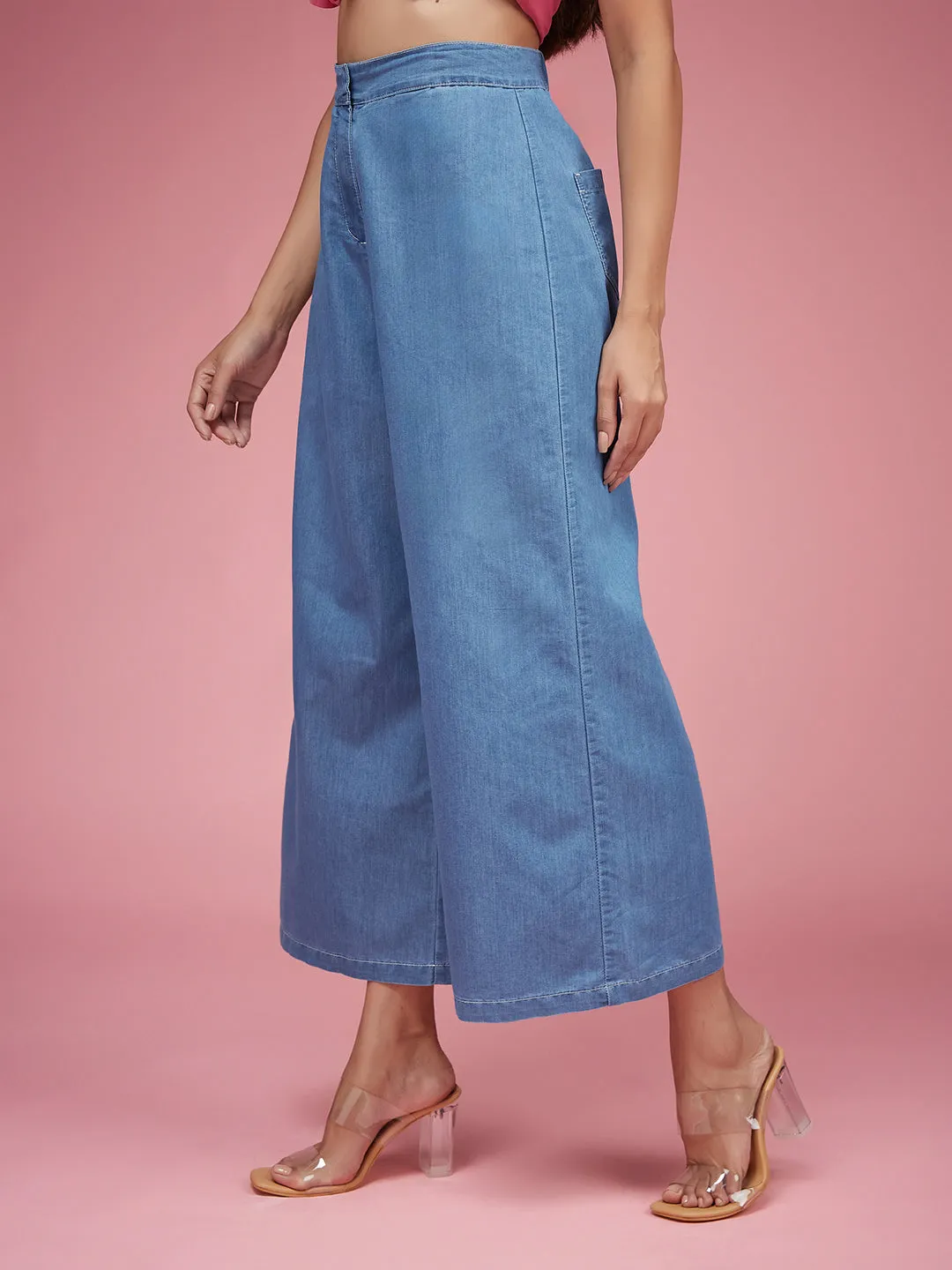 Women's Blue Flared Wide-Leg High Rise Non Stretchable Light Weight Denim Culottes Pants