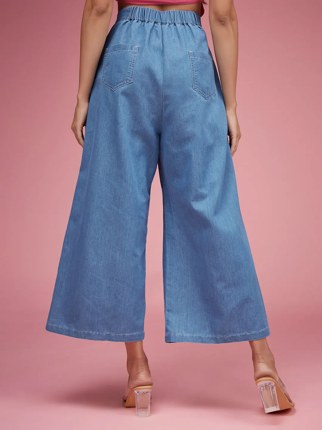 Women's Blue Flared Wide-Leg High Rise Non Stretchable Light Weight Denim Culottes Pants