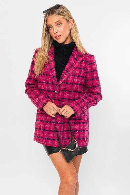 Womens Fuchsia Plaid Single Button Blazer Jacket