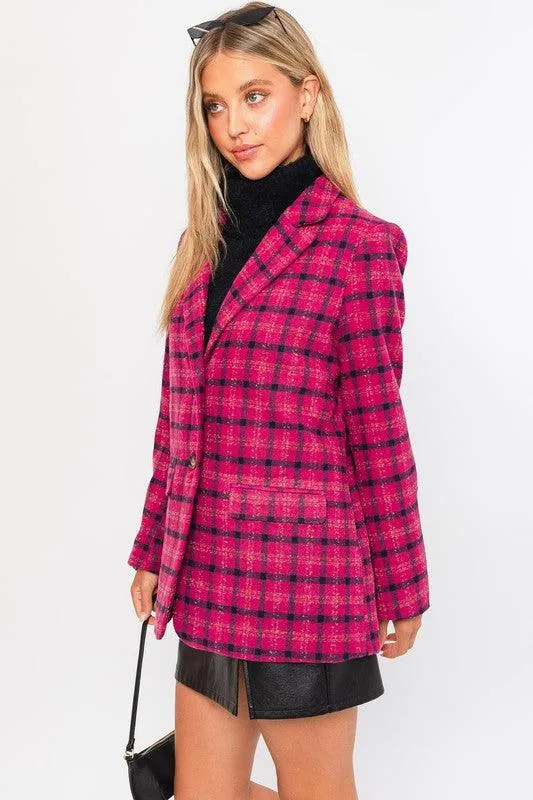 Womens Fuchsia Plaid Single Button Blazer Jacket