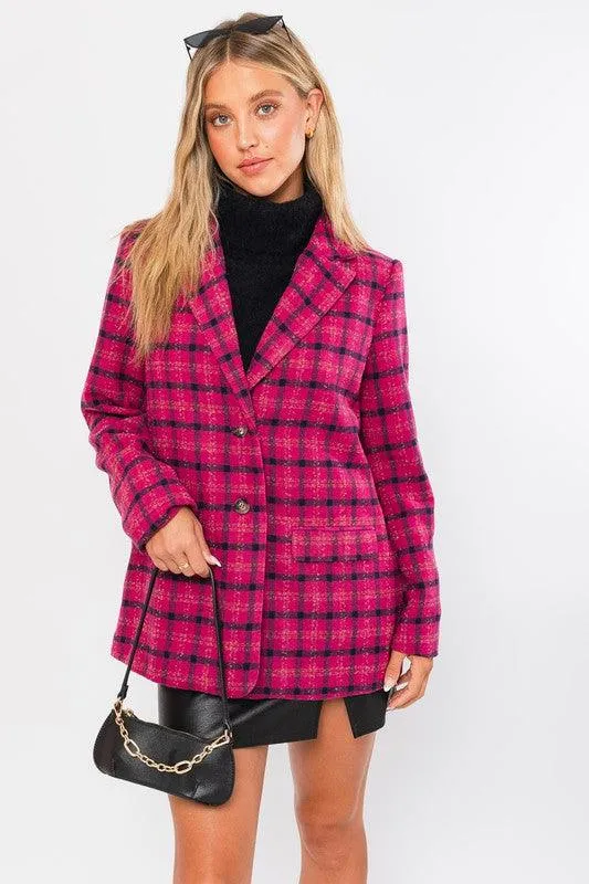 Womens Fuchsia Plaid Single Button Blazer Jacket