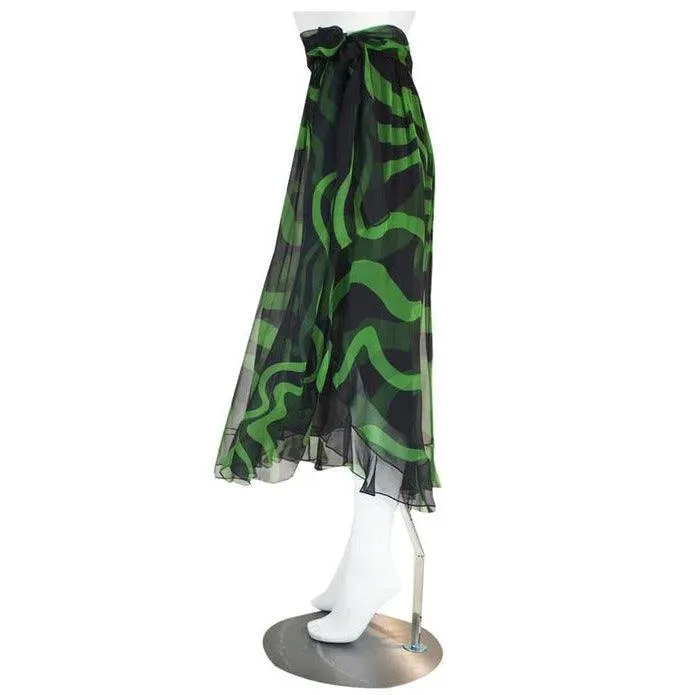 YVES SAINT LAURENT Black and Green Silk Chiffon Ruffle Trim Sash Skirt, 2004 | Size 40